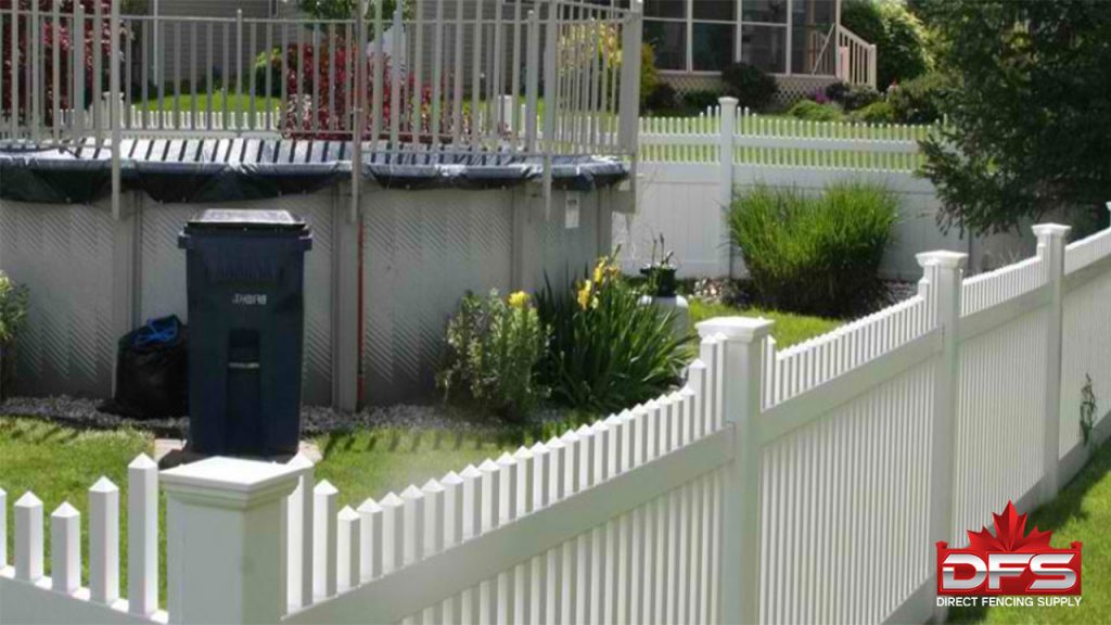 Birchwood II Vinyl Picket Fence with pool in background