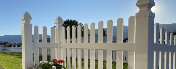 High res vinyl white picket fence with gothic caps
